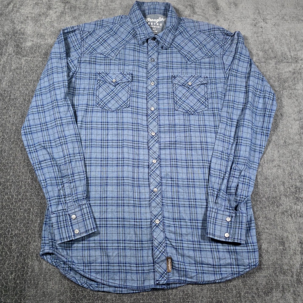Wrangler Retro Premium Mens XLT Tall Blue Plaid Western Pearl Snap Shirt Rodeo
